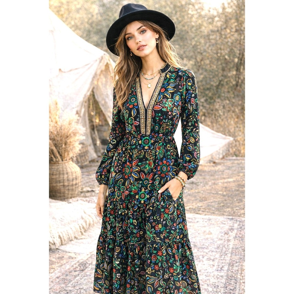 RusttyDustty Black Floral Tiered Ruffle‎ Maxi Dress SML Rio Boho Cottage Prairie